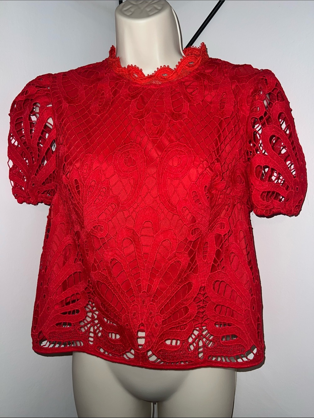 SHEIN Red Lace Crochet Top Size Small Puff Sleeve Scalloped Hem
